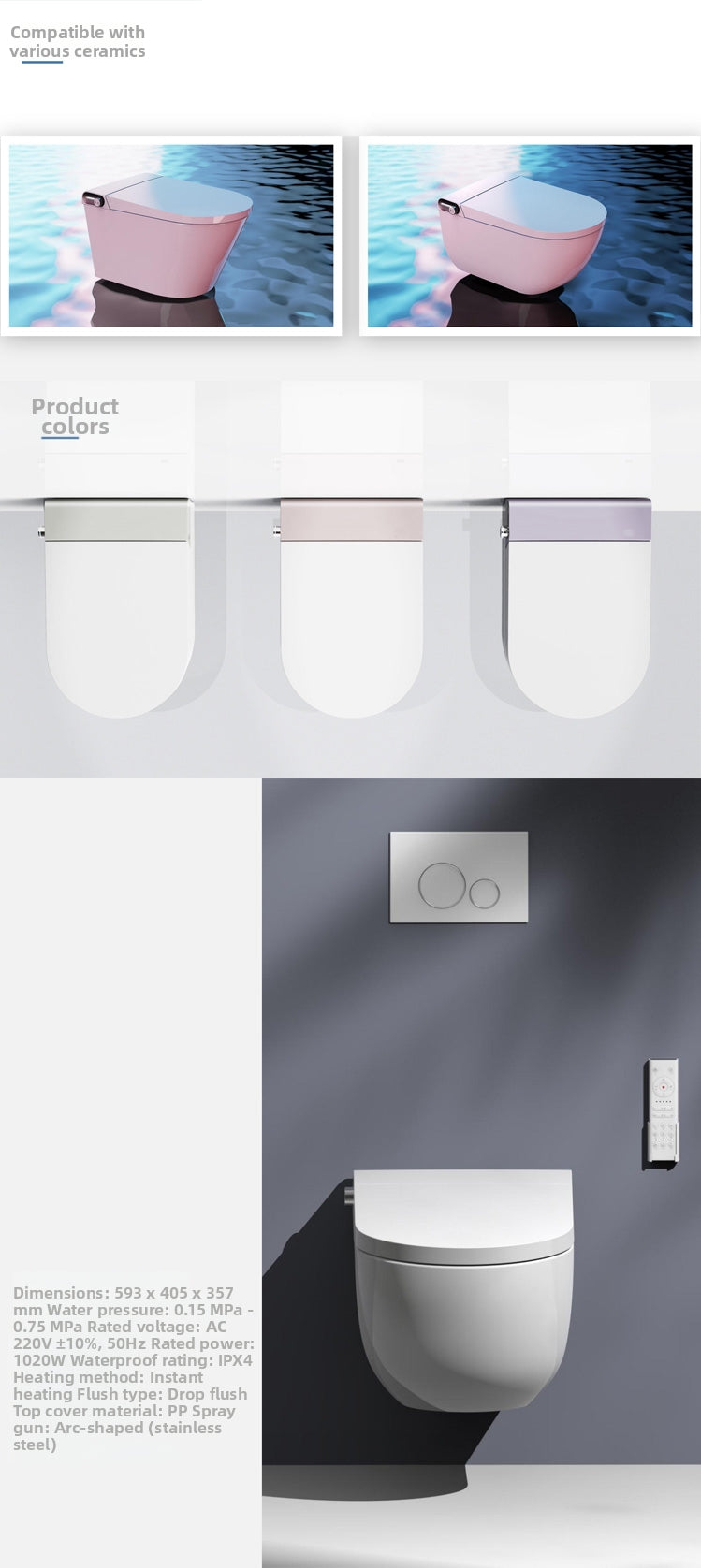 1202 wall-mounted smart bidet toilet available in custom colors including elegant pink, vibrant green, and sleek silver to match your bathroom decor