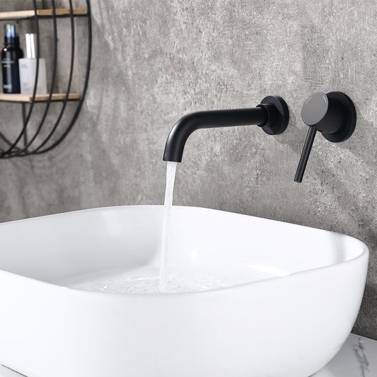 壁挂式水龙头，用于浴室水槽或浴缸，单把手2孔黄铜粗加工阀，哑光黑色