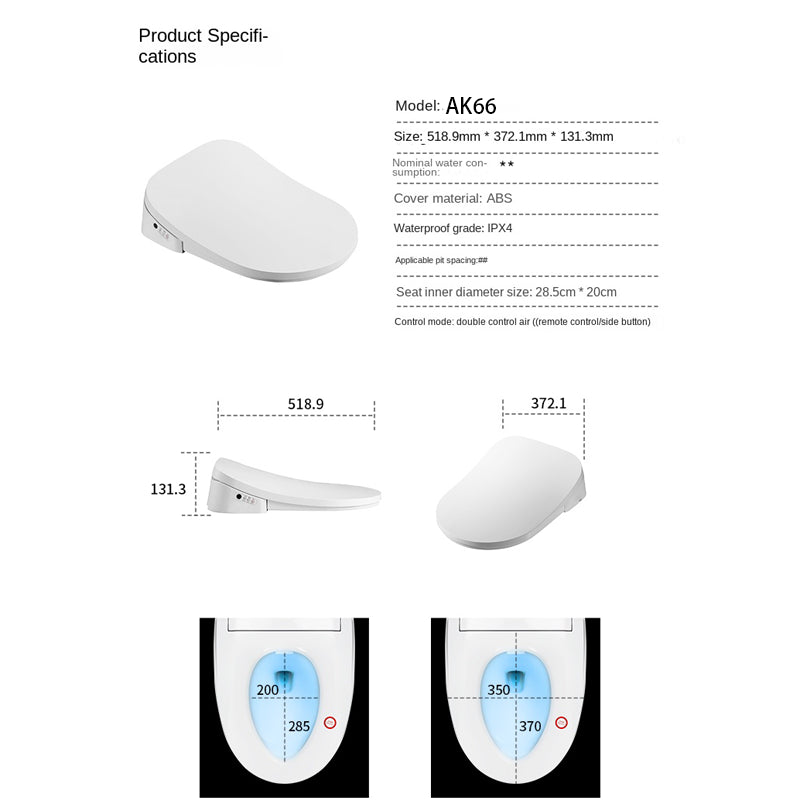 AK66 Smart Bidet Seat featuring an Ultra-Slim Low-Profile Design (518.9x372.1x131.3mm). These Perfect Dimensions Ensure a Seamless Fit for Most Elongated Toilets, Combining a Sleek Modern Aesthetic with Precision Engineering for Your Bathroom
