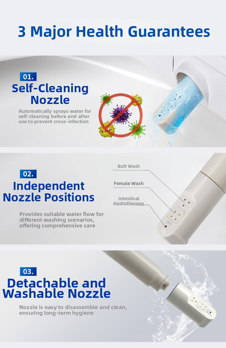 AK68 Square Smart Bidet Seat with a Triple Hygiene System: Self-Cleaning Technology, Dedicated Nozzle Positioning, and a Detachable Spray Head. Designed for D-Shape Toilets to Ensure a Pure, Germ-Free Experience for Every Family Member