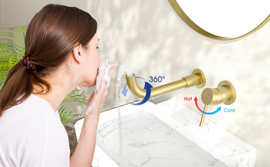 壁掛式水龍頭，用於浴室水槽或浴缸，單把手3孔黃銅毛坯閥，拉絲金