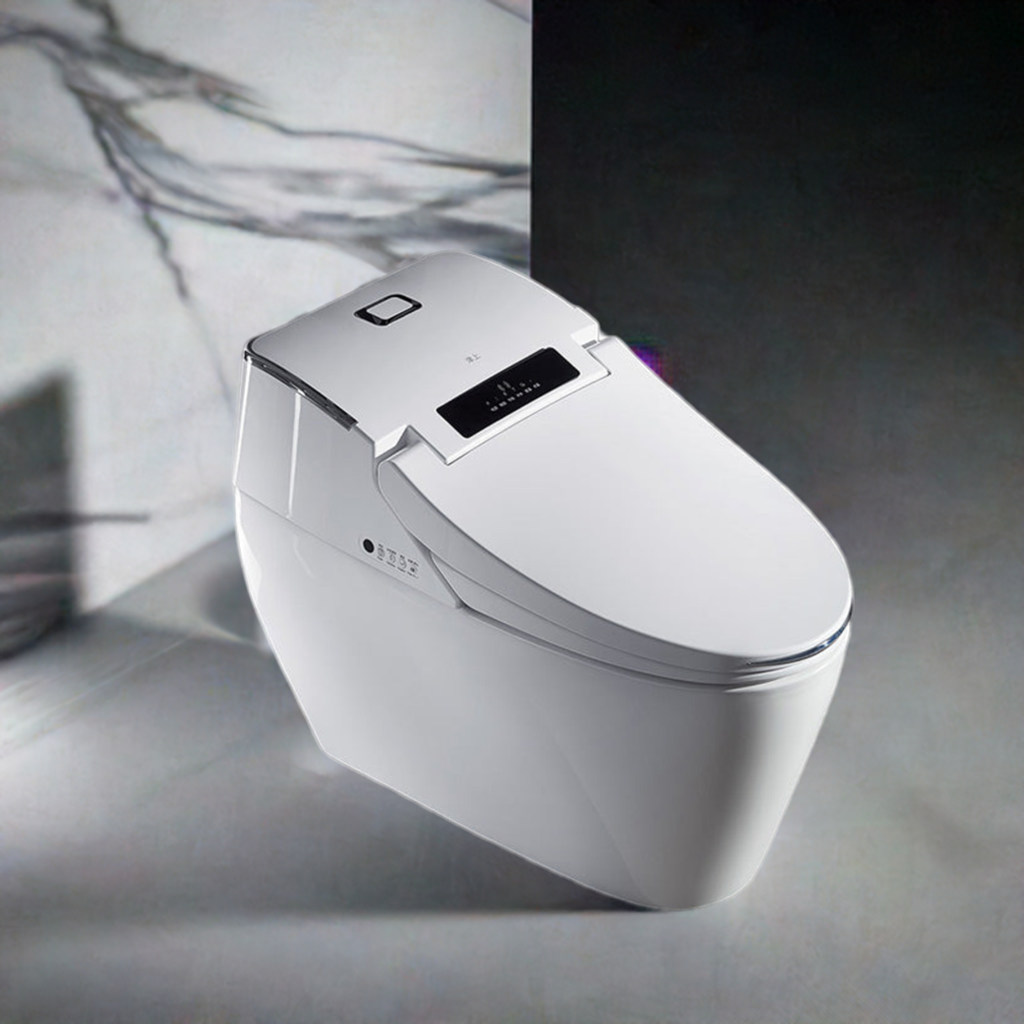 HK76智能灌肠坐便器的独特倾斜视角，聚焦于其高品质陶瓷釉面处理工艺。