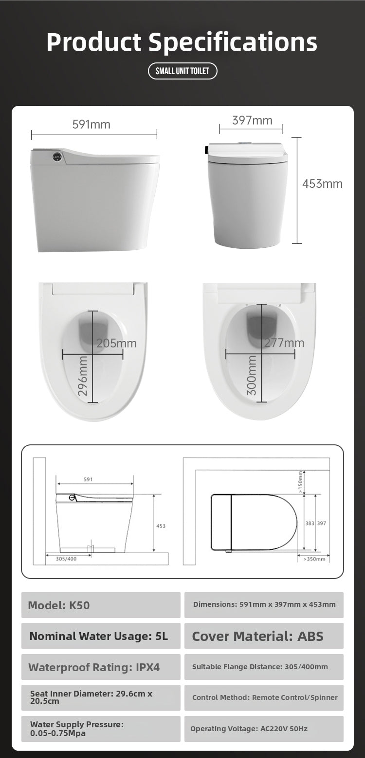 K50 Ultra-Compact Smart Bidet Toilet with a Space-Saving 23.2" Short Depth (591mm). Designed to Fit Small Bathrooms and Powder Rooms Perfectly Without Sacrificing High-End Features