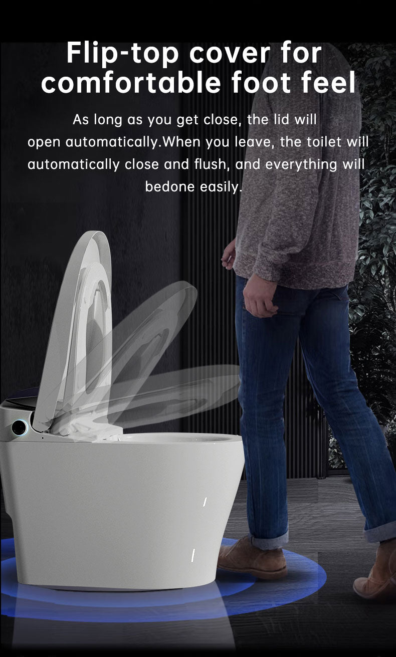 M8-smart bidet toilet with proximity sensor for automatic lid opening, auto closing when leaving, and hands-free automatic flushing.