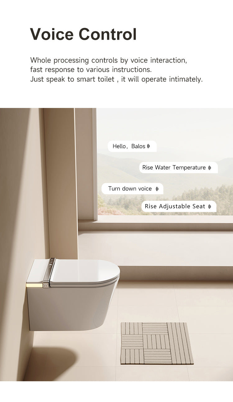 Modern wall-hung smart toilet with AI voice recognition technology, allowing users to control flush, lid, and wash functions via simple voice commands.