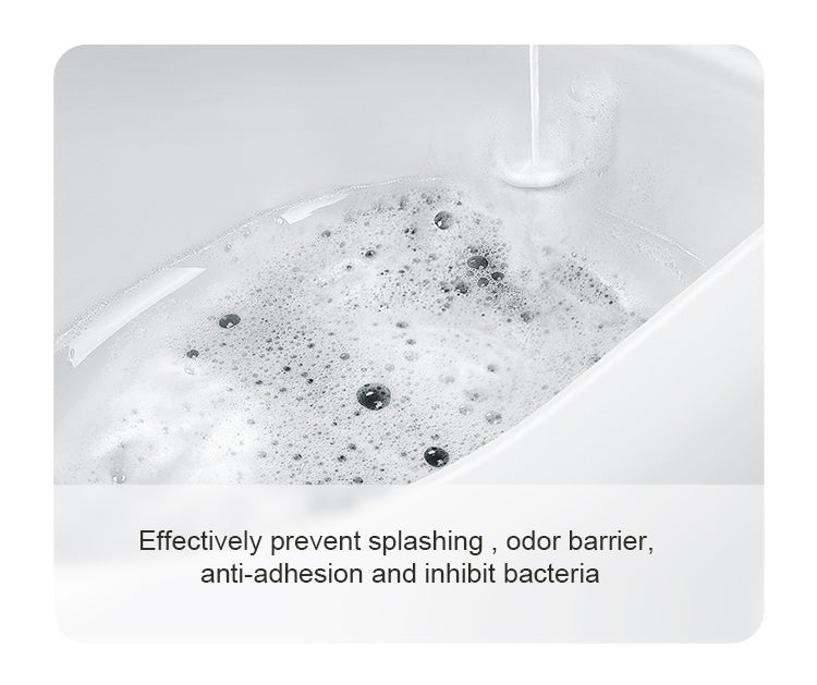 Smart wall-hung toilet with an integrated foam shield system that creates a thick protective layer to prevent splashing, trap odors, and keep the bowl clean