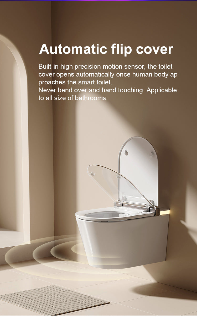 Wall-hung smart toilet with an advanced proximity sensor for automatic lid opening and closing, offering a completely hands-free and hygienic experience.