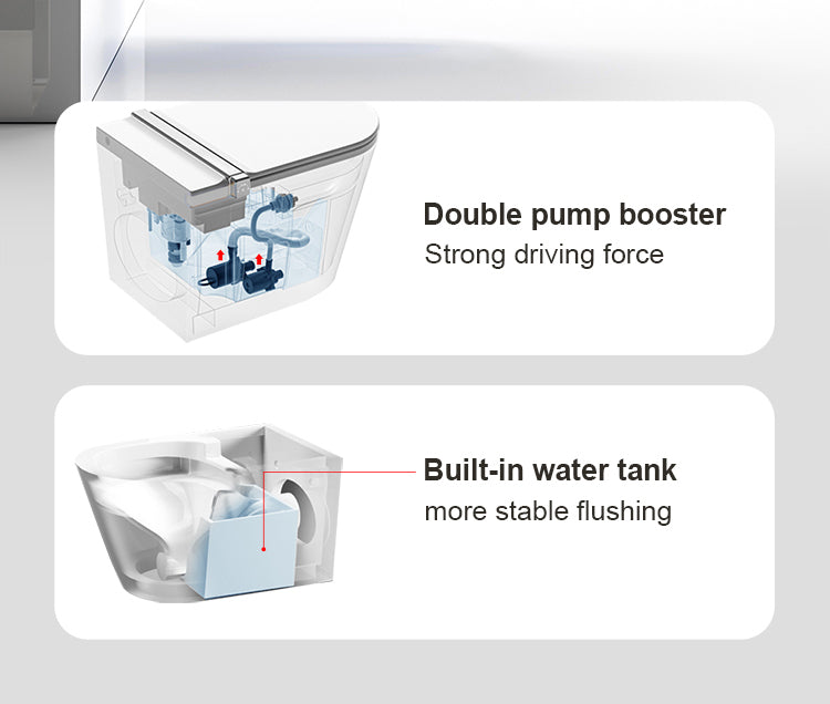 Wall-hung smart toilet with a built-in water tank and booster pump for powerful flushing, perfect for high-rise buildings with zero water pressure requirements.