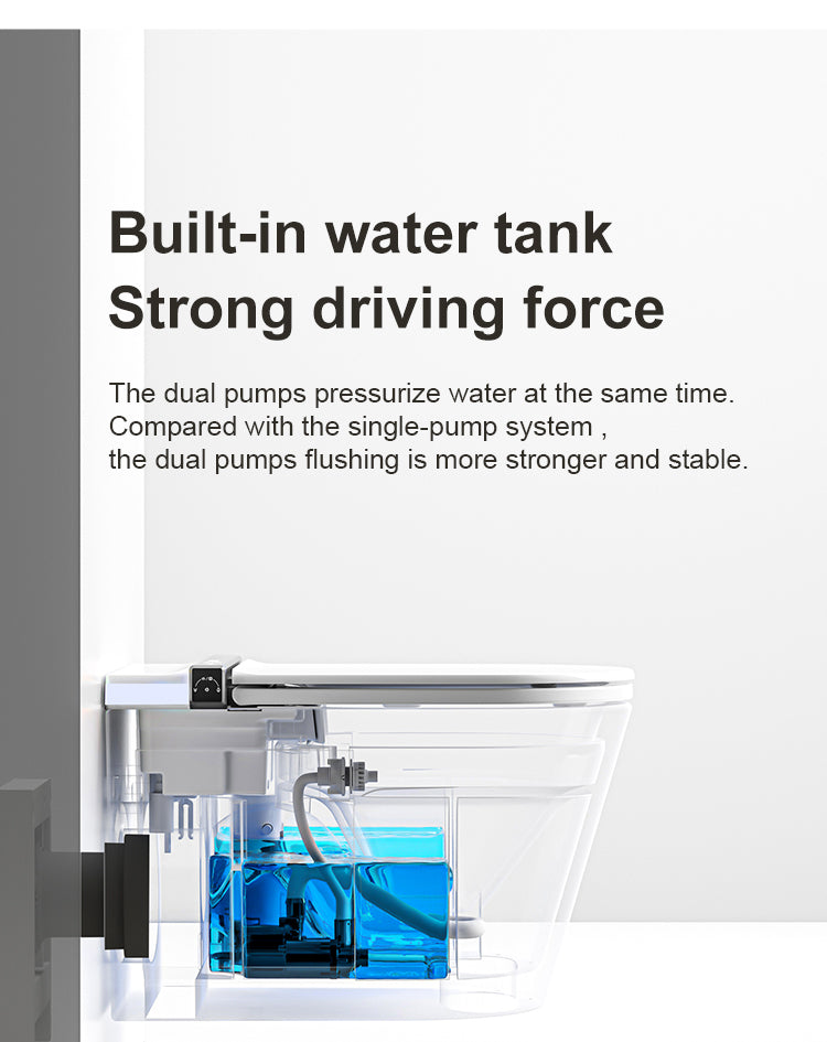Wall-hung smart toilet with a hidden built-in water tank, designed for powerful flushing even in low-pressure areas or high-rise buildings.