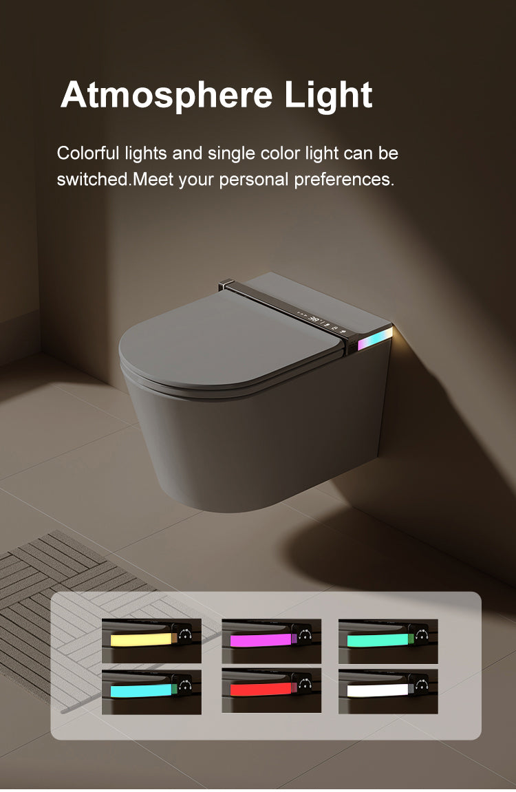 Modern wall-hung smart toilet featuring customizable RGB ambient lighting with multiple color options to create a personalized atmosphere in your luxury bathroom.