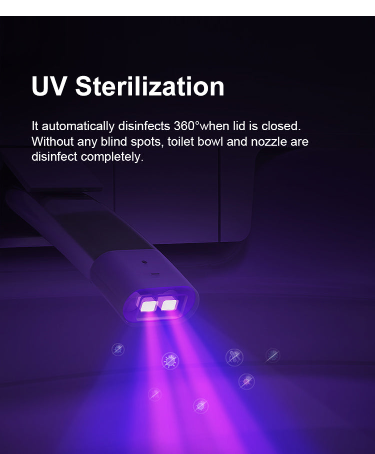 High-tech wall-hung smart toilet featuring 99.9% dual UV sterilization for both the nozzle and the inner bowl to ensure a germ-free bathroom environment.