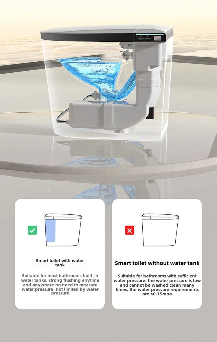 Smart toilet with a built-in water tank to ensure powerful flushing regardless of water pressure