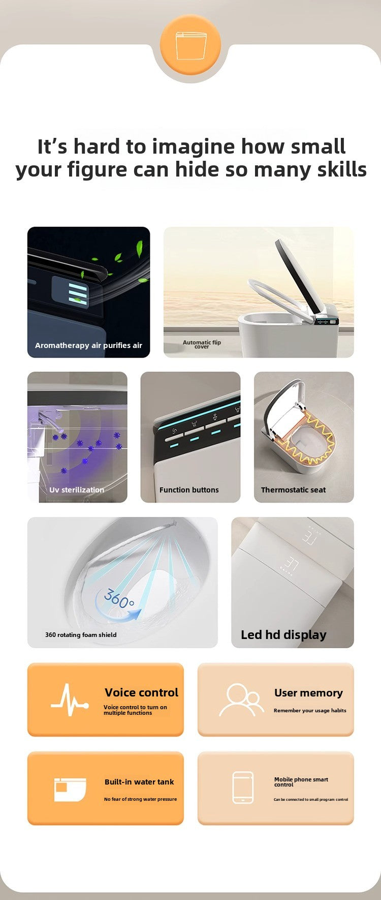 Infographic highlighting smart toilet features like heated seat, foot sensor, auto flush, and UV sterilization