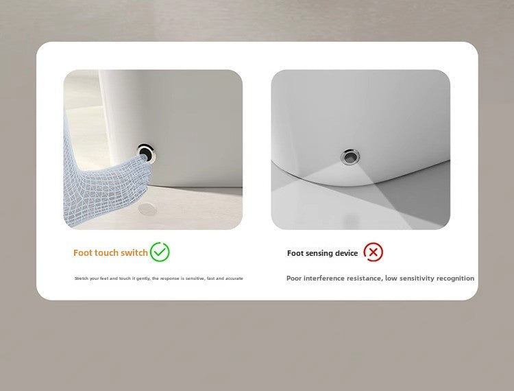 Person using foot sensor to open the smart toilet lid without hands.