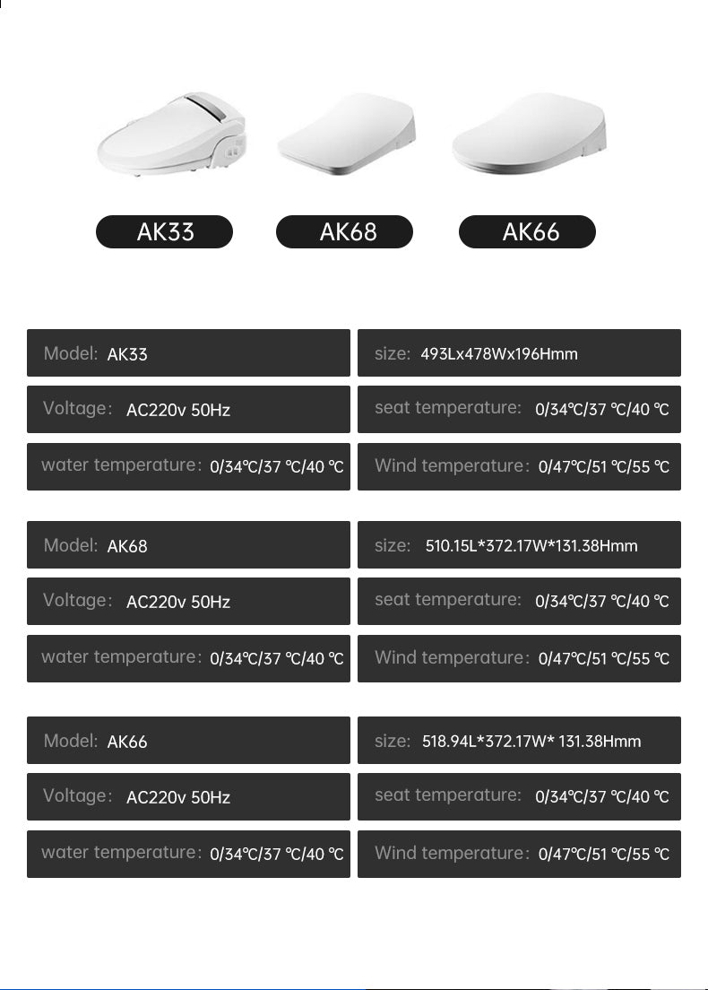 Size overview and comparison chart for three models  smart bidet toilet seats, showing detailed dimensions to help you find the perfect fit for your toilet bowl