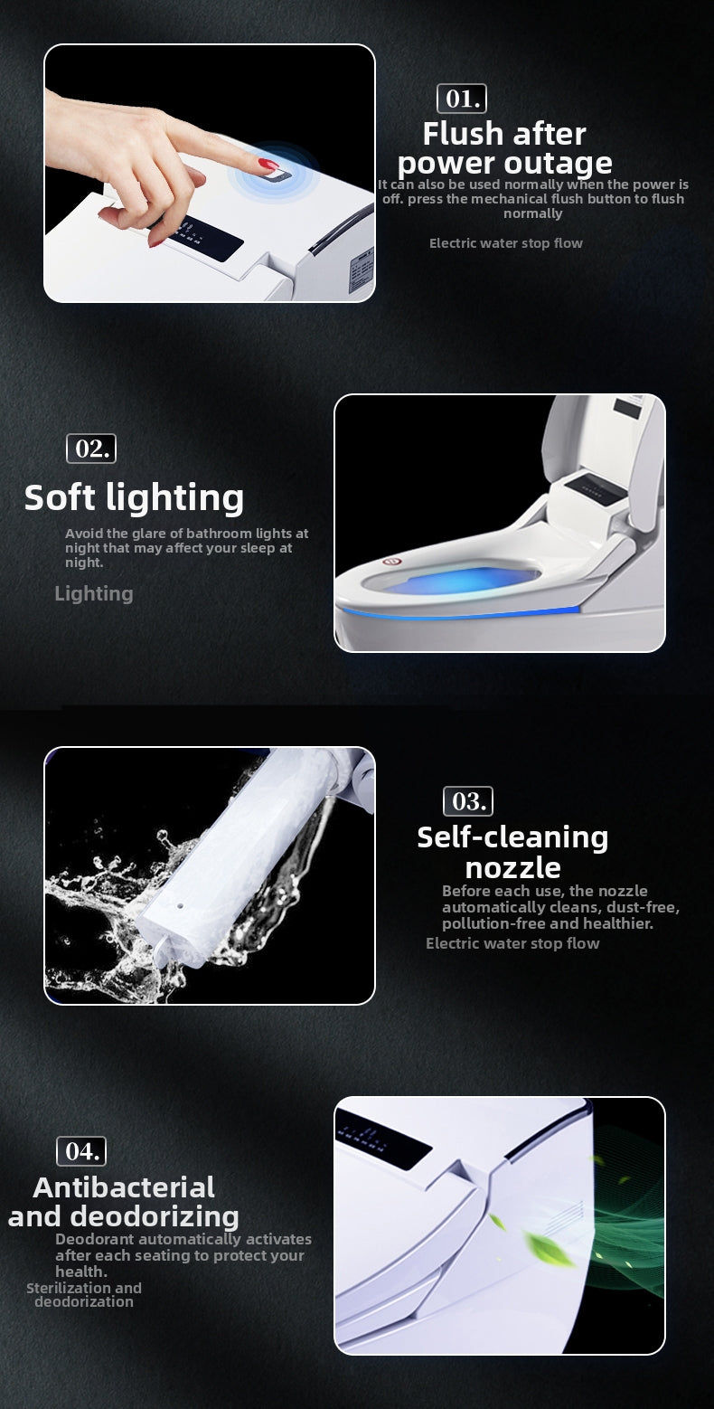 An overview of HK76 smart enema bidet toilet's convenient features: including a manual flush for power outages, an integrated LED blue night light, an automatic self-cleaning nozzle system, and a smart air deodorizer for a premium bathroom experience.