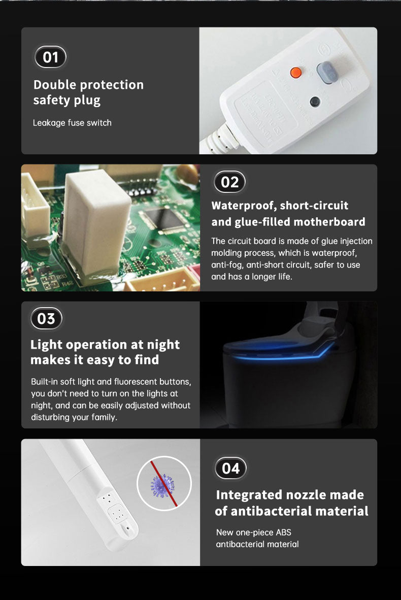 The KB32 smart bidet ensures ultimate safety and hygiene with its leakage protection switch, waterproof glue-poured mainboard, and advanced features like intelligent deodorization and a self-cleaning nozzle for a worry-free experience