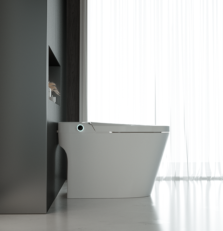 a full front view of the t2 urine analysis smart bidet toilet, showcasing its sleek design and integrated health monitoring features for modern bathrooms
