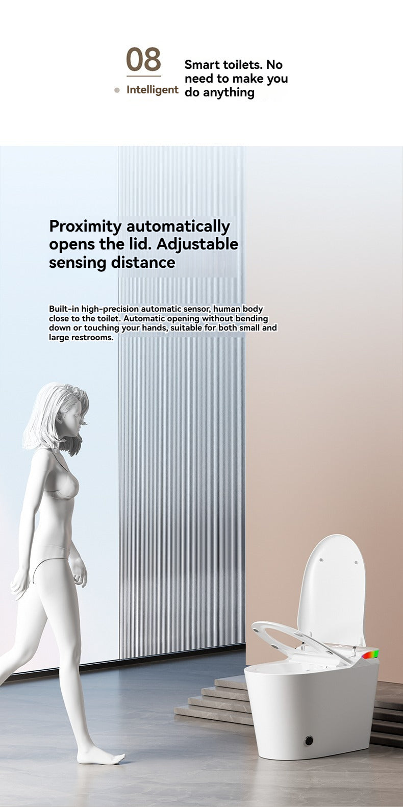 The V1 back outlet bidet toilet features proximity sensors for automatic lid and seat opening. As you approach, the lid lifts automatically, and it closes after you leave, providing a completely touchless and hygienic bathroom experience.