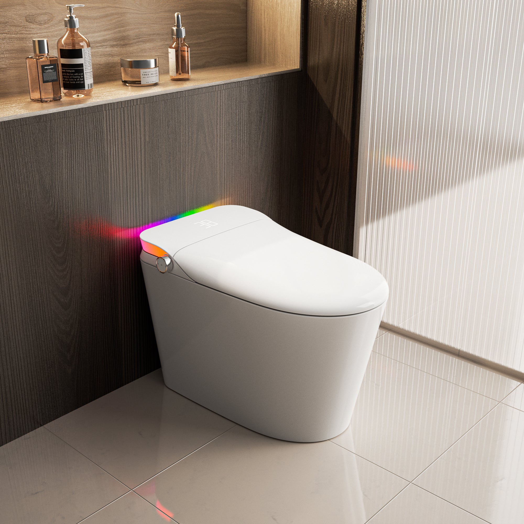 The V1 bidet toilet features a professional back outlet (rear discharge) design for seamless wall-connected plumbing. This floor-mounted model combines a sleek modern aesthetic with high-performance cleaning technology, perfect for bathrooms with rear drainage systems